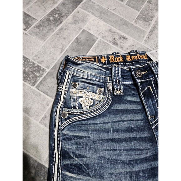 New Rock Revival Sami Slim Boot Stretch Blue Denim Jeans Men’s 27x31 Pocket Logo - Picture 6 of 16